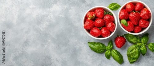 A bowl of strawberries and a bowl of basil on a gray background