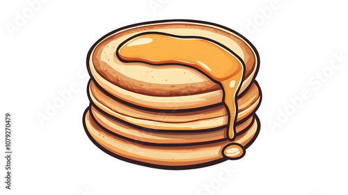 A stack of fluffy pancakes with syrup dripping down on a white background photo