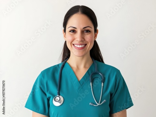 Confident Nurse in Teal Scrubs with Stethoscope