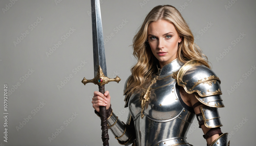 Fototapeta premium A woman in full armor holds a sword in front of a gray background