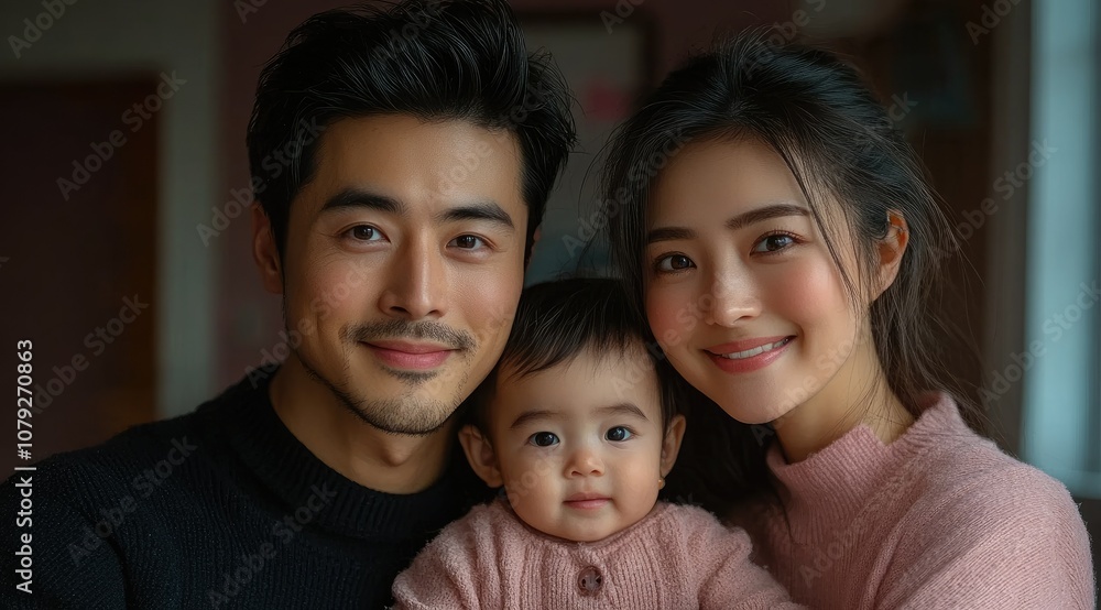 Happy Asian family portrait with parents and baby. Happy Asian family portrait with parents and baby.