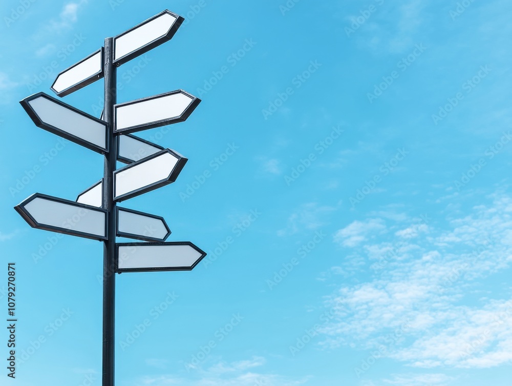 Blank Multi-Directional Signpost Against Blue Sky Blank Multi-Directional Signpost Against Blue Sky