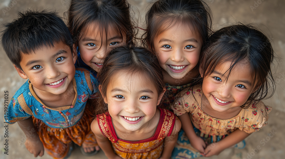 A joyful group of children smiling together, showcasing vibrant traditional clothing and genuine happiness. A joyful group of children smiling together, showcasing vibrant traditional clothing and genuine happiness.