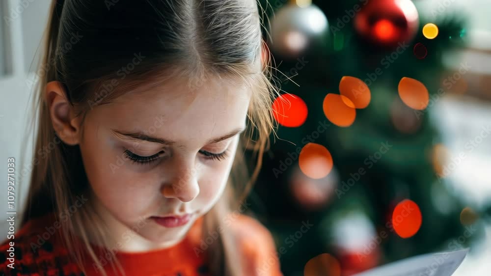 In a cozy atmosphere, a little girl immerses herself in the words of a heartfelt letter while surrounded by twinkling holiday lights. The moment is filled with wonder and anticipation In a cozy atmosphere, a little girl immerses herself in the words of a heartfelt letter while surrounded by twinkling holiday lights. The moment is filled with wonder and anticipation