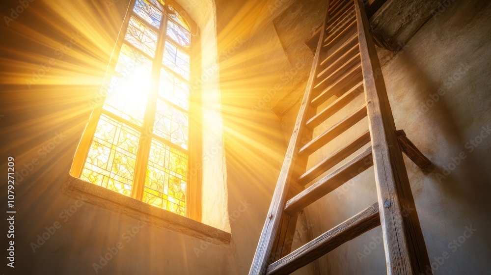 Obraz premium Sunlight streaming through a window illuminating a wooden ladder.