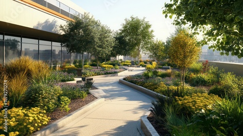 A hospital rooftop garden with clean, well-maintained plants and pathways, providing a peaceful space for patients and staff. photo