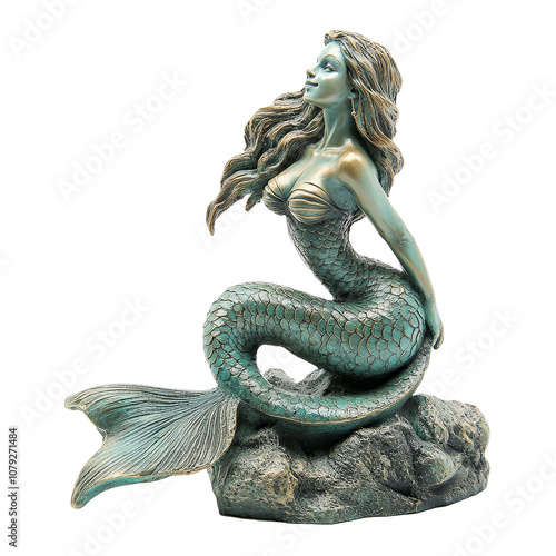 Beautiful mermaid statue with intricate details displayed against a transparent background, Mermaid Statue on transparent background