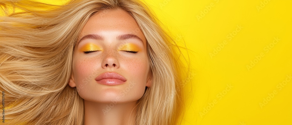 Fototapeta premium A woman with long blonde hair and yellow eyeshadow