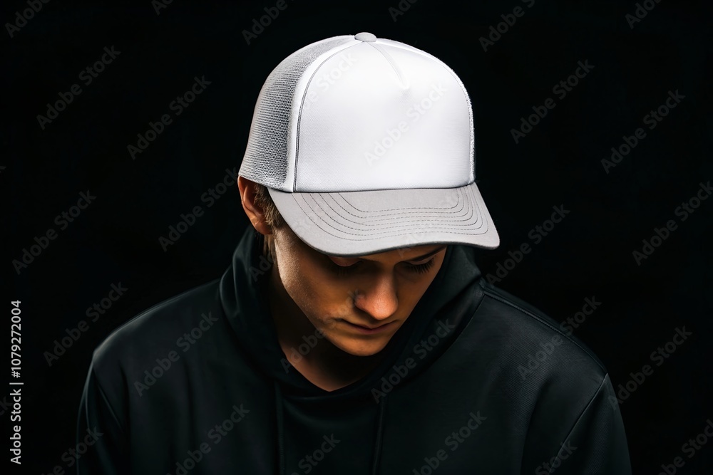 Blank White Trucker Cap on Dark Background. Blank White Trucker Cap on Dark Background.
