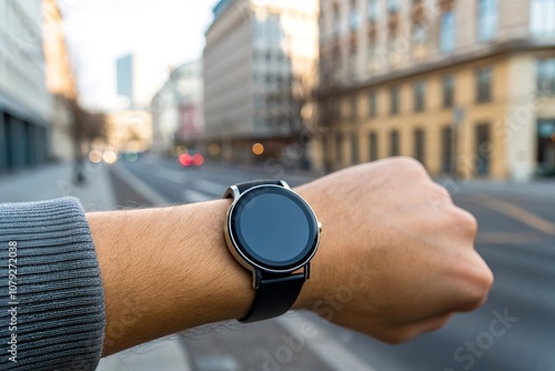 Smartwatch Mockup with Blank Screen on Urban City Background. photo