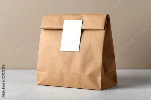 Paper bag with sticker mockup, Office blurred background.
