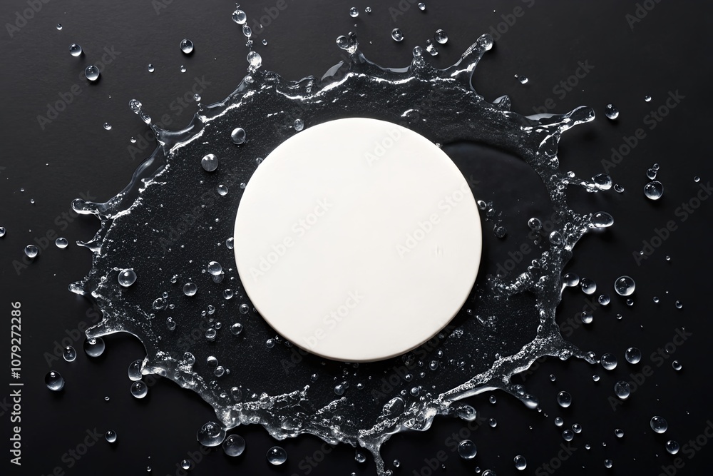 Round white coaster mockup on black wet surface. Round white coaster mockup on black wet surface.