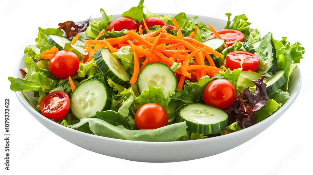 A bowl of vibrant fresh salad with greens, cherry tomatoes, cucumbers, and shredded carrots on a white background A bowl of vibrant fresh salad with greens, cherry tomatoes, cucumbers, and shredded carrots on a white background