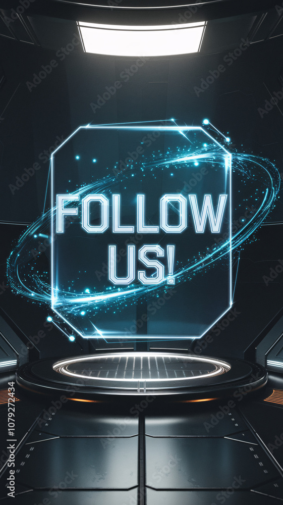 Obraz premium Floating holographic 'FOLLOW US!' text encased in a glowing digital frame, surrounded by swirling particles in a high-tech, futuristic room with a sci-fi aesthetic.