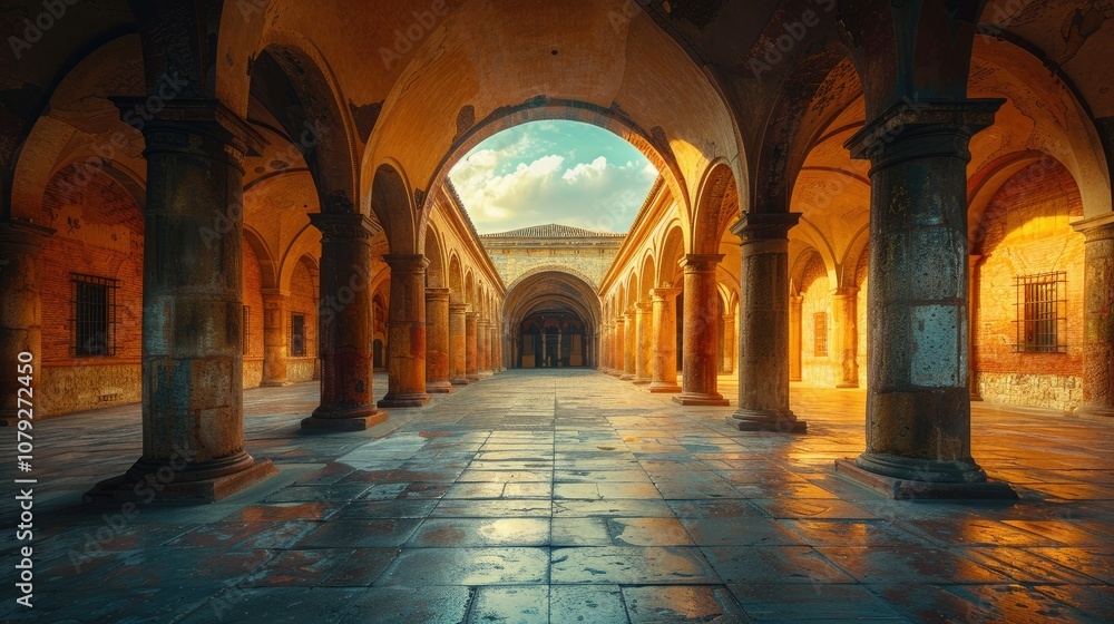Fototapeta premium A long, arched hallway with columns and a skylight view.