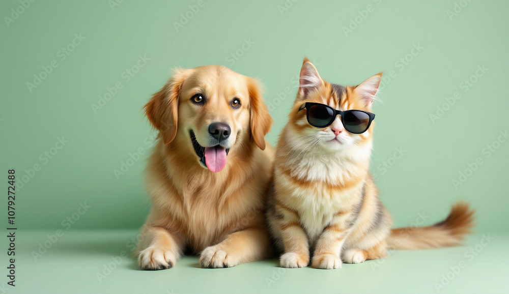 This image features a golden retriever and an orange tabby cat sitting side by side against a soft green background, showcasing their adorable companionship and playful nature. Perfect for themes rela This image features a golden retriever and an orange tabby cat sitting side by side against a soft green background, showcasing their adorable companionship and playful nature. Perfect for themes rela