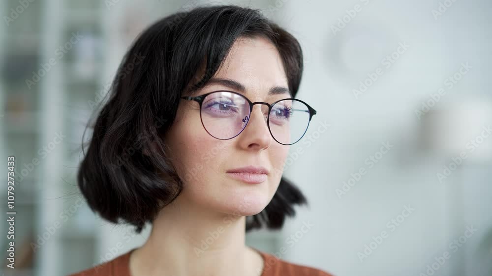 Thoughtful young woman wearing glasses looks away in apartment at home. A serious adult female shows contemplation and focus in a room setting, suggesting introspection and quiet confidence. Close up Thoughtful young woman wearing glasses looks away in apartment at home. A serious adult female shows contemplation and focus in a room setting, suggesting introspection and quiet confidence. Close up