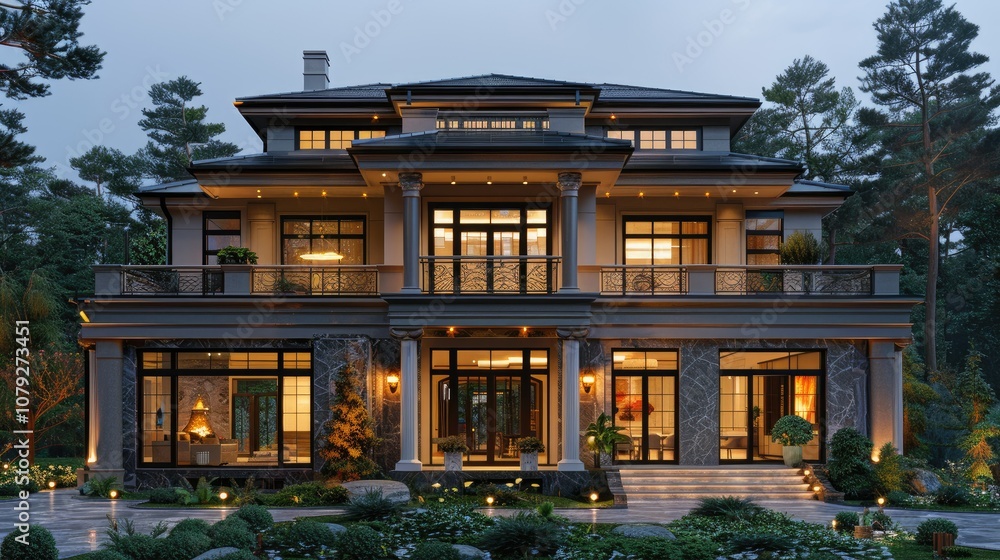 A luxurious modern house with a large front yard and stone exterior at dusk. A luxurious modern house with a large front yard and stone exterior at dusk.