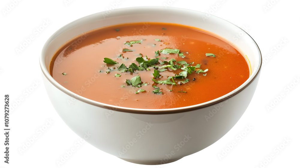 A bowl of creamy tomato soup garnished with fresh herbs on a white background A bowl of creamy tomato soup garnished with fresh herbs on a white background