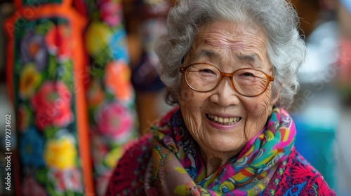 Against vibrant backgrounds, a dignified grandma's peaceful smile radiates with the serenity and fulfillment of a life well-lived