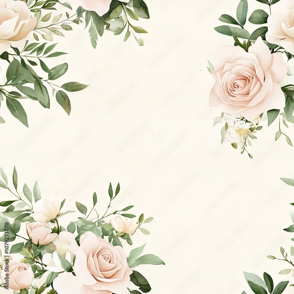 A floral pattern featuring soft pink roses and green leaves on a light background, perfect for elegant designs and invitations. A floral pattern featuring soft pink roses and green leaves on a light background, perfect for elegant designs and invitations.