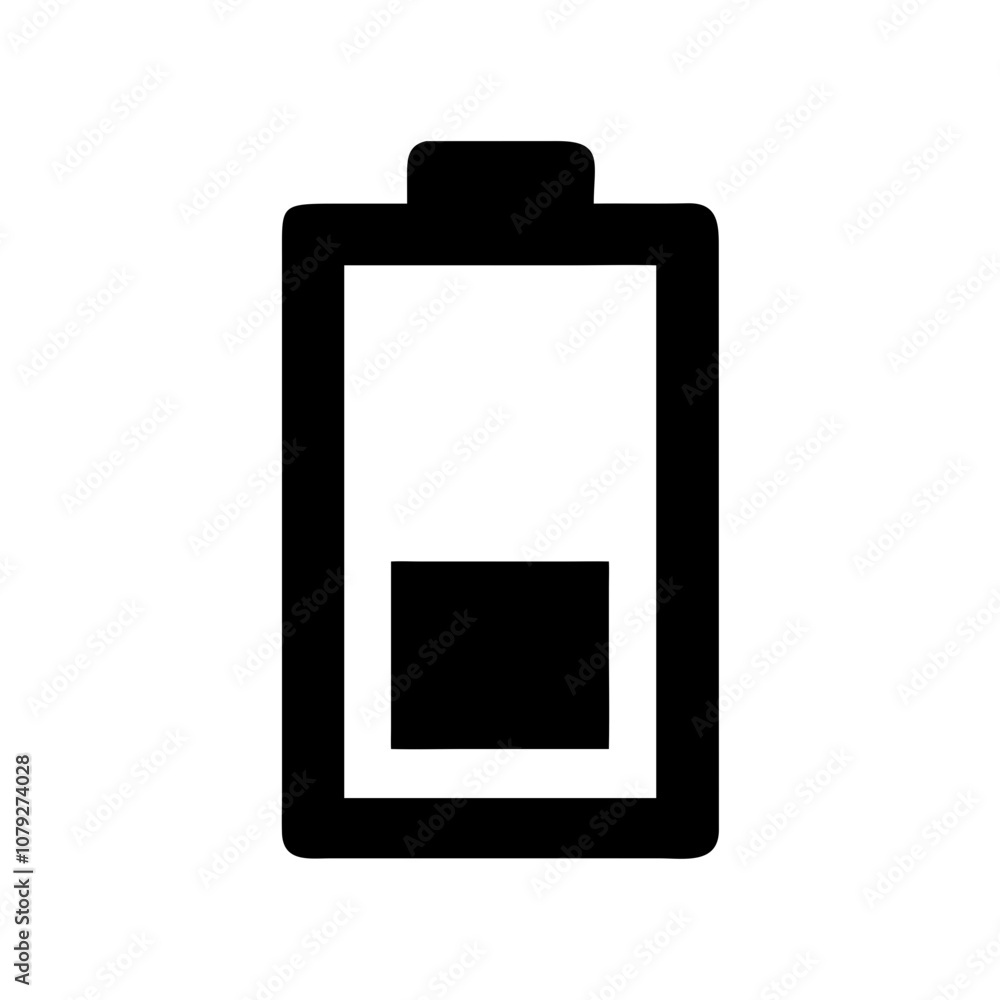 Simple black vector icon depicting a battery with a low charge level, commonly used in digital design and applications related to energy status and device power management Simple black vector icon depicting a battery with a low charge level, commonly used in digital design and applications related to energy status and device power management