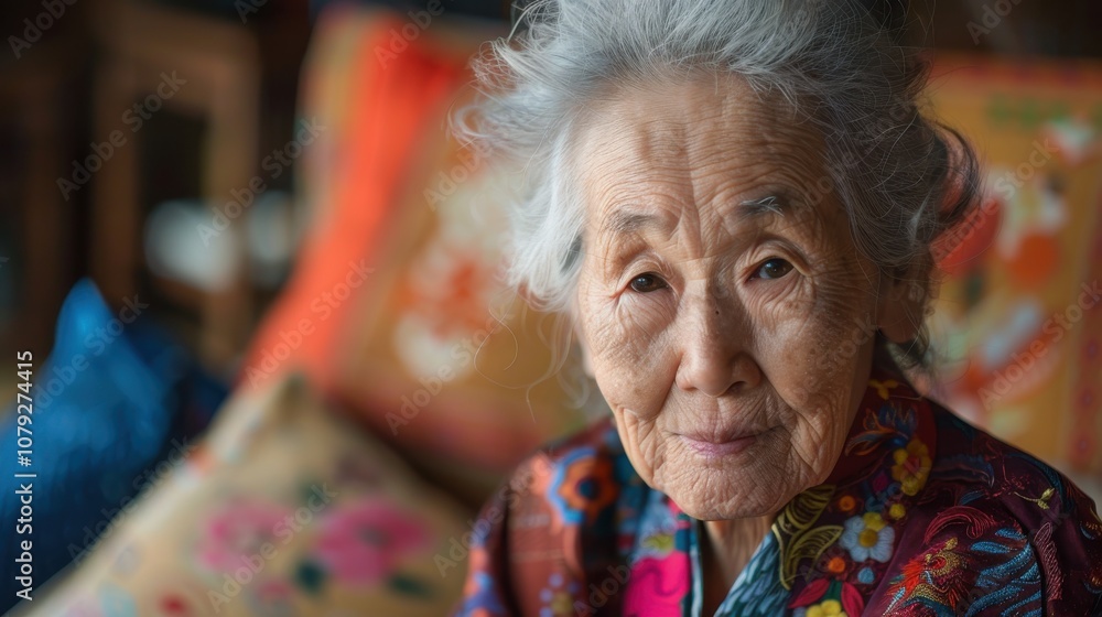 Against vibrant backgrounds, a dignified grandma's peaceful smile radiates with the serenity and fulfillment of a life well-lived Against vibrant backgrounds, a dignified grandma's peaceful smile radiates with the serenity and fulfillment of a life well-lived