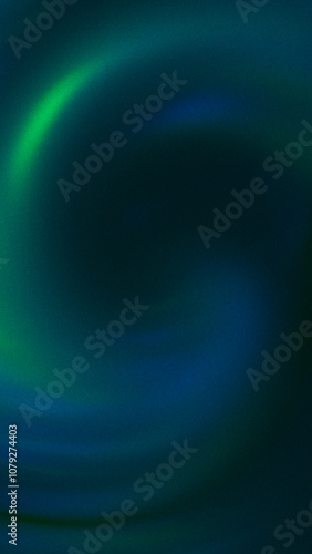 Grainy dark abstract vertical background. Defocused lights in shape of spiral vortex flow. Futuristic illustration with blurred gradient in glowing light green, blue, black, teal color. Grunge texture