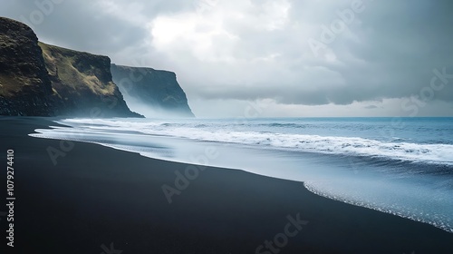 Calm beach landscape with black sand and realistic nature image