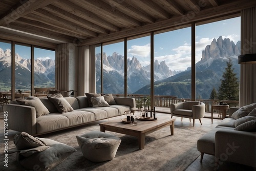 Living Room with Cozy Furniture and a Fireplace Offering Stunning Views Through Large Windows