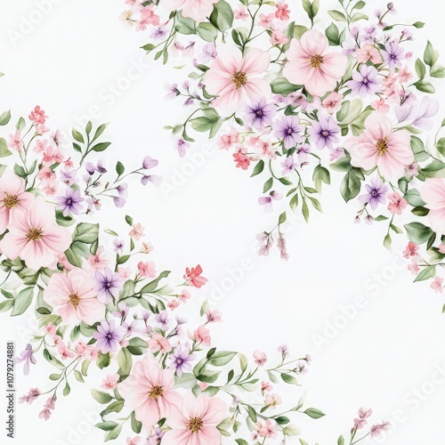 A delicate floral pattern featuring pink and purple flowers on a white background, perfect for elegant designs and decorations.