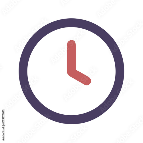 Simple vector icon of a clock indicating time, featuring a circular design with contrasting colors that emphasize the hour and minute hands for easy readability