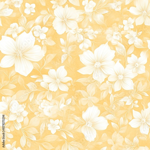 Wallpaper Mural A vibrant yellow floral pattern featuring delicate white flowers and green leaves, creating a bright and cheerful aesthetic. Torontodigital.ca