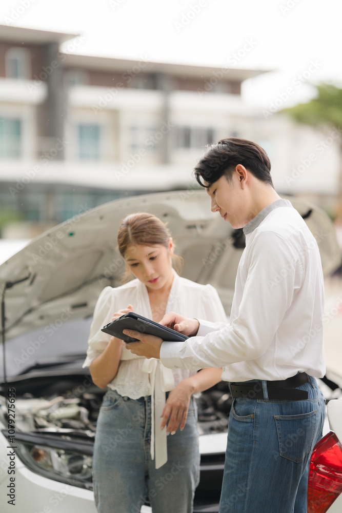 Car Trouble: A young couple faces a roadside dilemma, their expressions reflecting concern as they consult a tablet for assistance, a white car with its hood open serving as a backdrop. Car Trouble: A young couple faces a roadside dilemma, their expressions reflecting concern as they consult a tablet for assistance, a white car with its hood open serving as a backdrop.