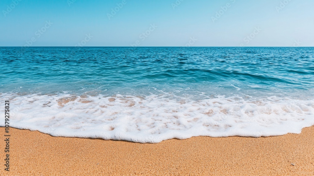 Tranquil blue ocean waves gently lapping on a sandy shore. Tranquil blue ocean waves gently lapping on a sandy shore.