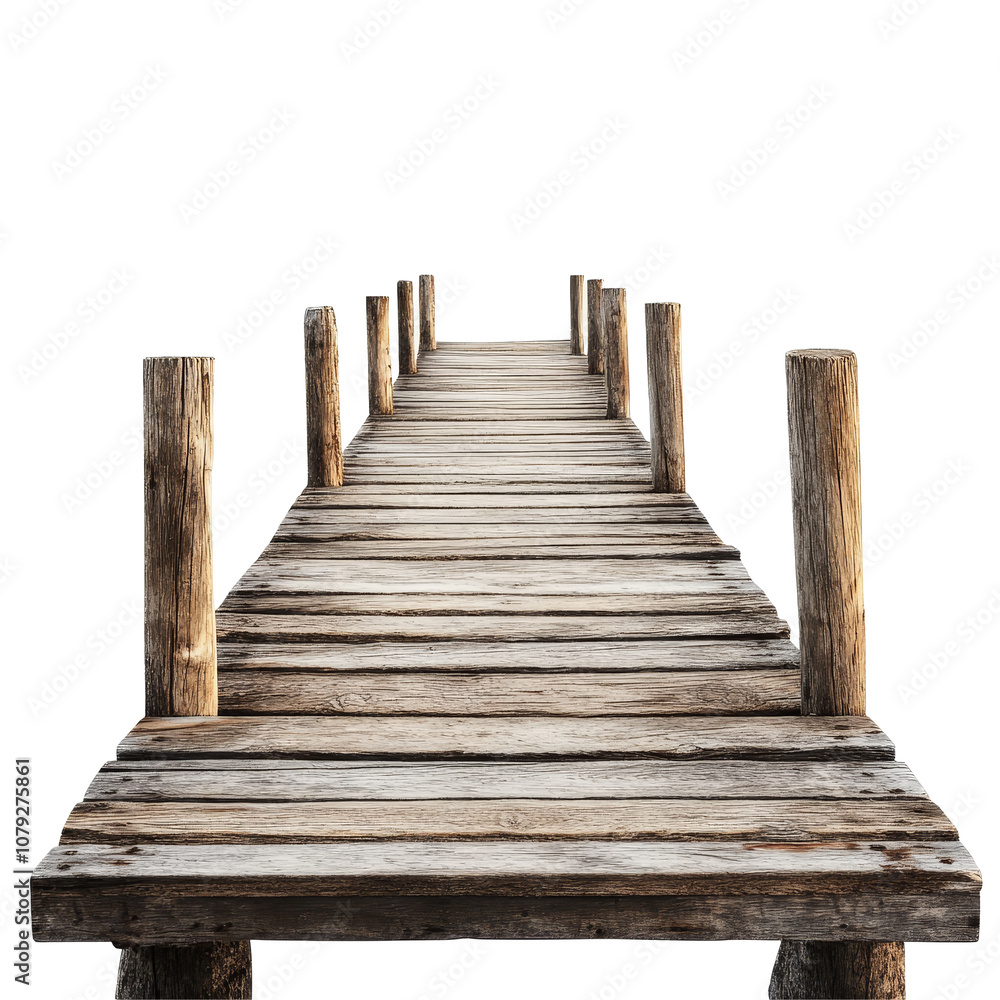 Fototapeta premium An isolated wooden pier stretching into a bright transparent background, symbolizing tranquility and solitude, Wooden Pier Isolated on transparent background