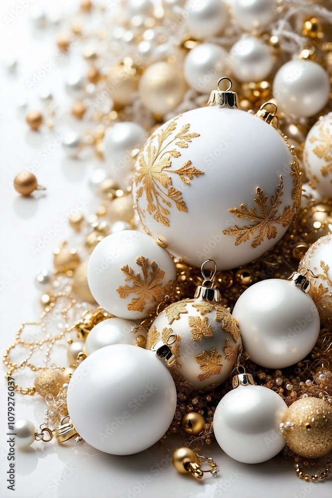 Elegant Combination of White and Golden Christmas Ornaments with Snowflakes on a White Elegant Combination of White and Golden Christmas Ornaments with Snowflakes on a White
