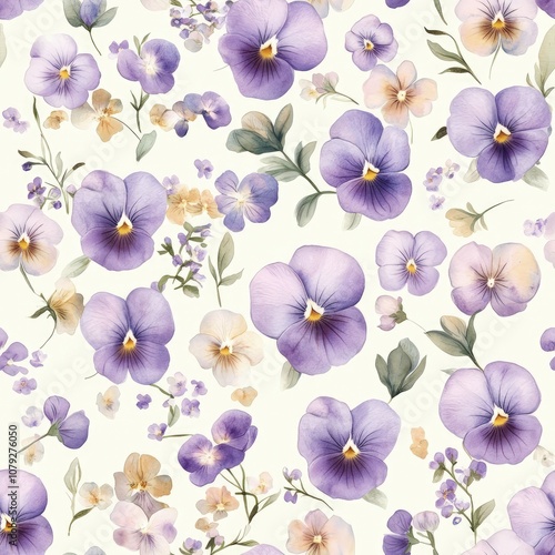 Wallpaper Mural A beautiful floral pattern featuring delicate purple and yellow pansies on a pale background, creating an elegant and serene design. Torontodigital.ca