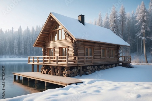 Wooden Log House in Minimalist Style by the Lakeshore on a Winter Day photo