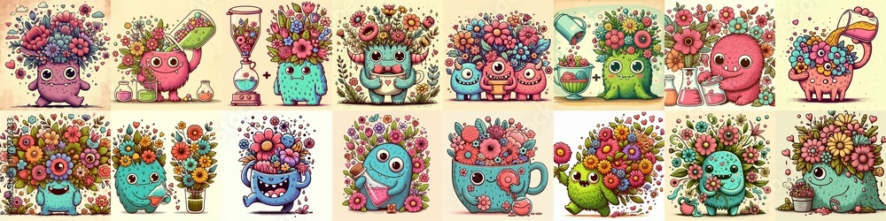 Monster with flowers cartoon. AI generated illustration Monster with flowers cartoon. AI generated illustration
