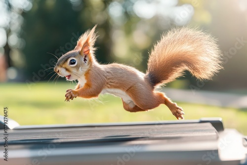 A comical squirrel running on a treadmill, its tail flailing behind as it runs with exaggerated speed.