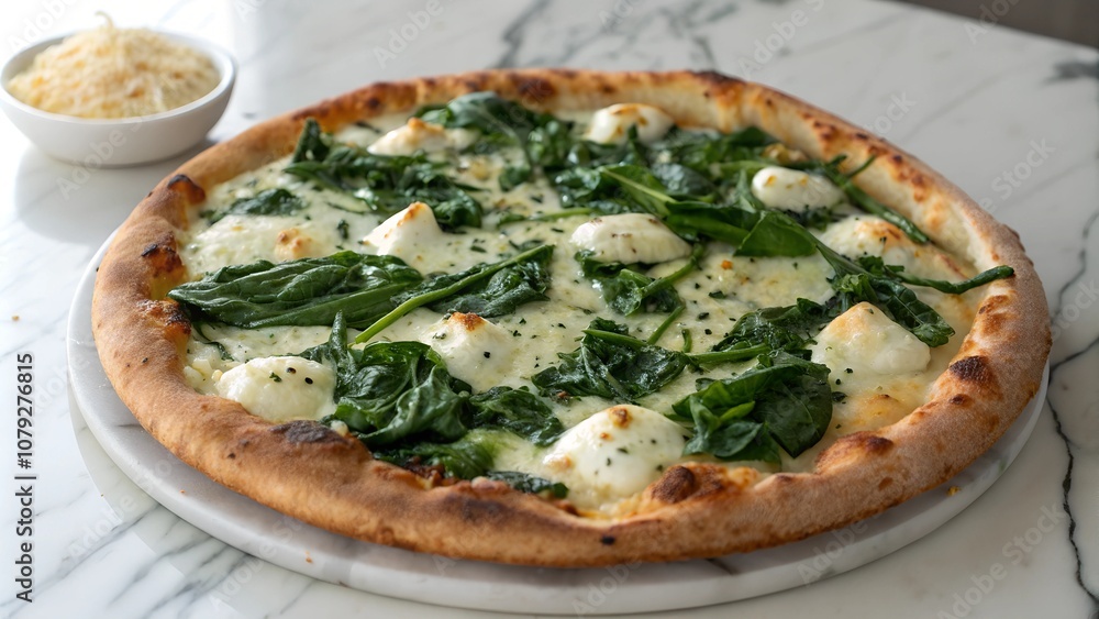 Spinach and Ricotta Pizza Topped with Parmesan Cheese Spinach and Ricotta Pizza Topped with Parmesan Cheese
