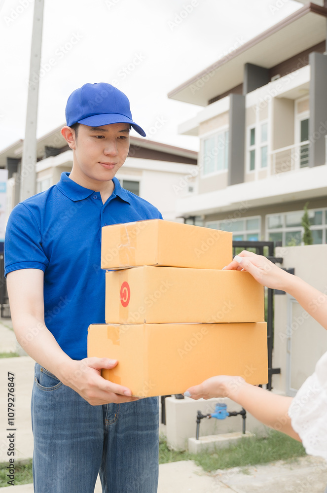 Delivery Service: Smiling delivery man handing over packages to a customer at their doorstep. Focus on reliable and friendly service. Delivery Service: Smiling delivery man handing over packages to a customer at their doorstep. Focus on reliable and friendly service.