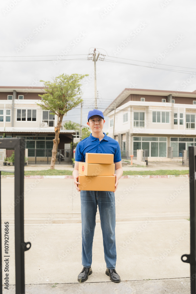 Delivery Professional with Packages: A friendly delivery driver stands confidently, ready to deliver packages to a customer. The image captures the reliability and efficiency of the delivery service. Delivery Professional with Packages: A friendly delivery driver stands confidently, ready to deliver packages to a customer. The image captures the reliability and efficiency of the delivery service.