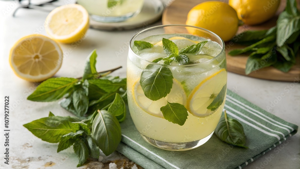 Ice-Cold Basil Lemonade with Lemon and Basil Sprigs Ice-Cold Basil Lemonade with Lemon and Basil Sprigs