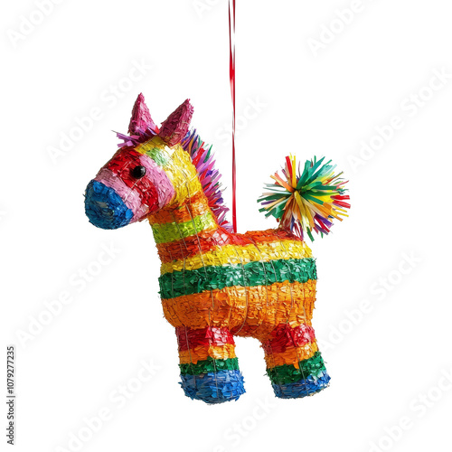 Colorful piÃ±ata hanging in the air, ready for celebration in a bright and cheerful atmosphere, Pinata hanging in the air isolated on transparent background photo