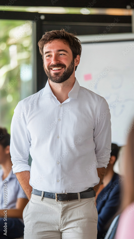 Young male teacher smiling with hands in pockets, standing in classroom with students Young male teacher smiling with hands in pockets, standing in classroom with students