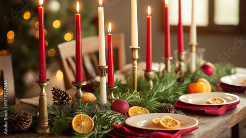 Elegant Christmas dinner table with red and white taper candles in brass holders, decorated with fresh rosemary, dried citrus slices, and pine garlands. Warm candlelight creates a cozy photo