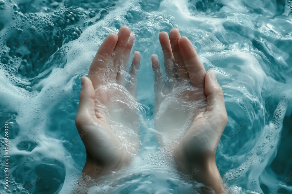 Close-up of hands held under bubbling water creating soft ripples Close-up of hands held under bubbling water creating soft ripples