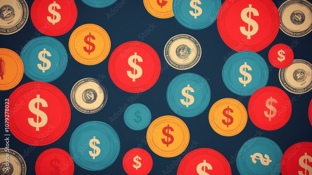 Abstract background pattern of red, yellow, and blue circles with dollar sign symbols on a dark blue background. Abstract background pattern of red, yellow, and blue circles with dollar sign symbols on a dark blue background.